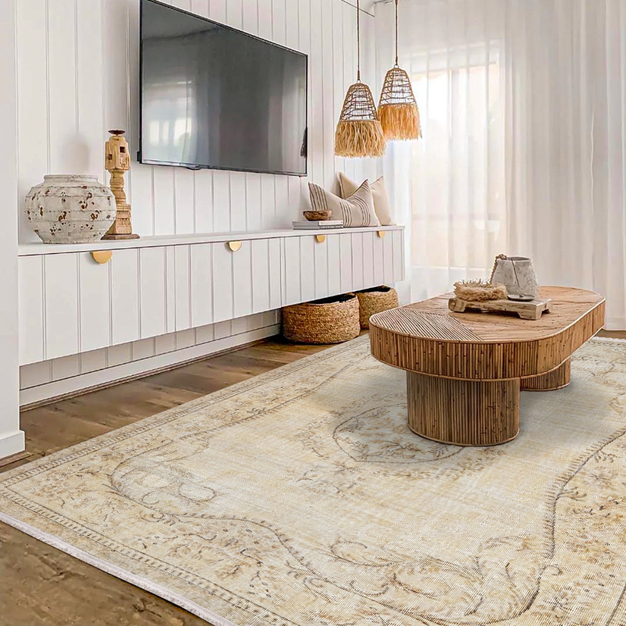 Vintage Bej Göbekli Yün ve Pamuk El Dokuma Halı 146x276