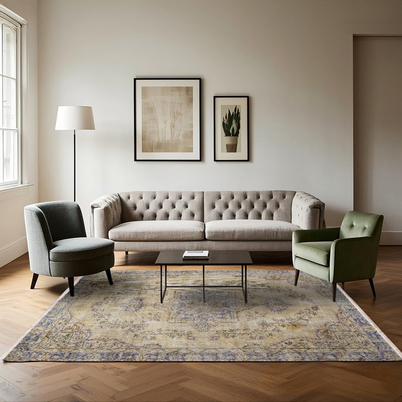 Vintage Lacivert Göbekli Yün ve Pamuk El Dokuma Halı 191x230