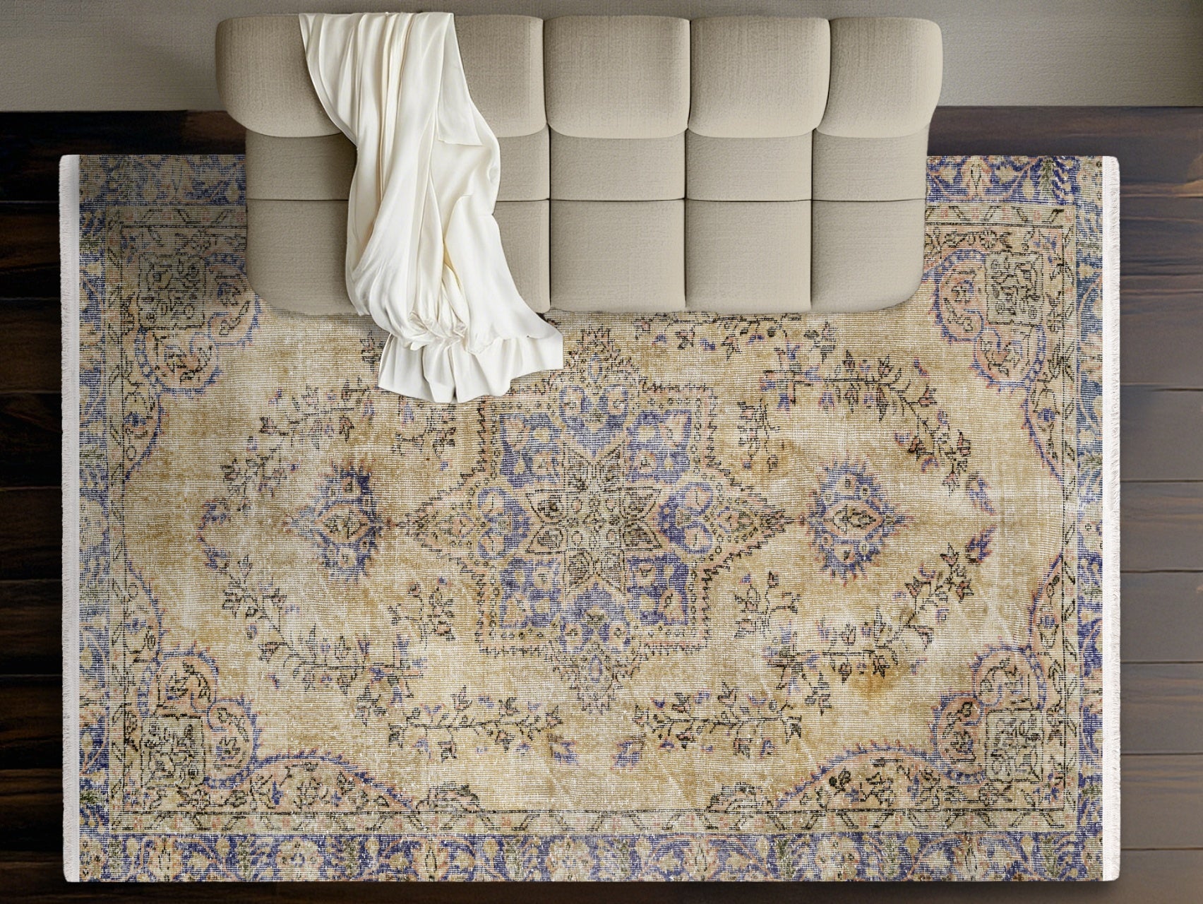 Vintage Lacivert Göbekli Yün ve Pamuk El Dokuma Halı 191x230