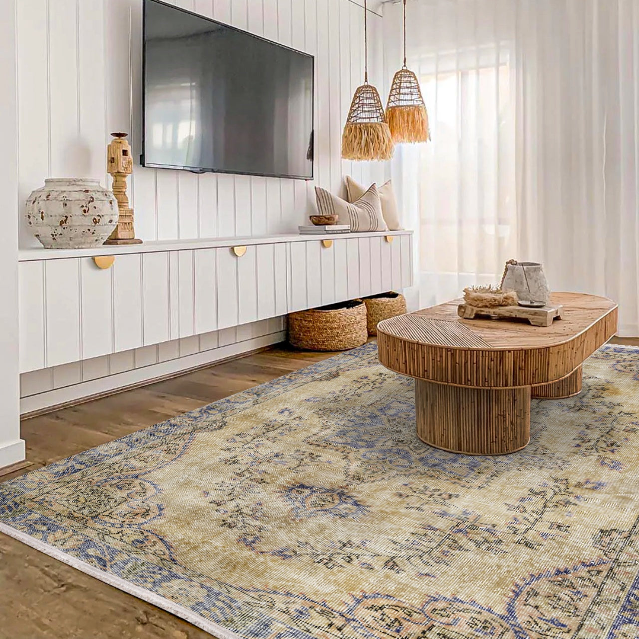 Vintage Lacivert Göbekli Yün ve Pamuk El Dokuma Halı 191x230