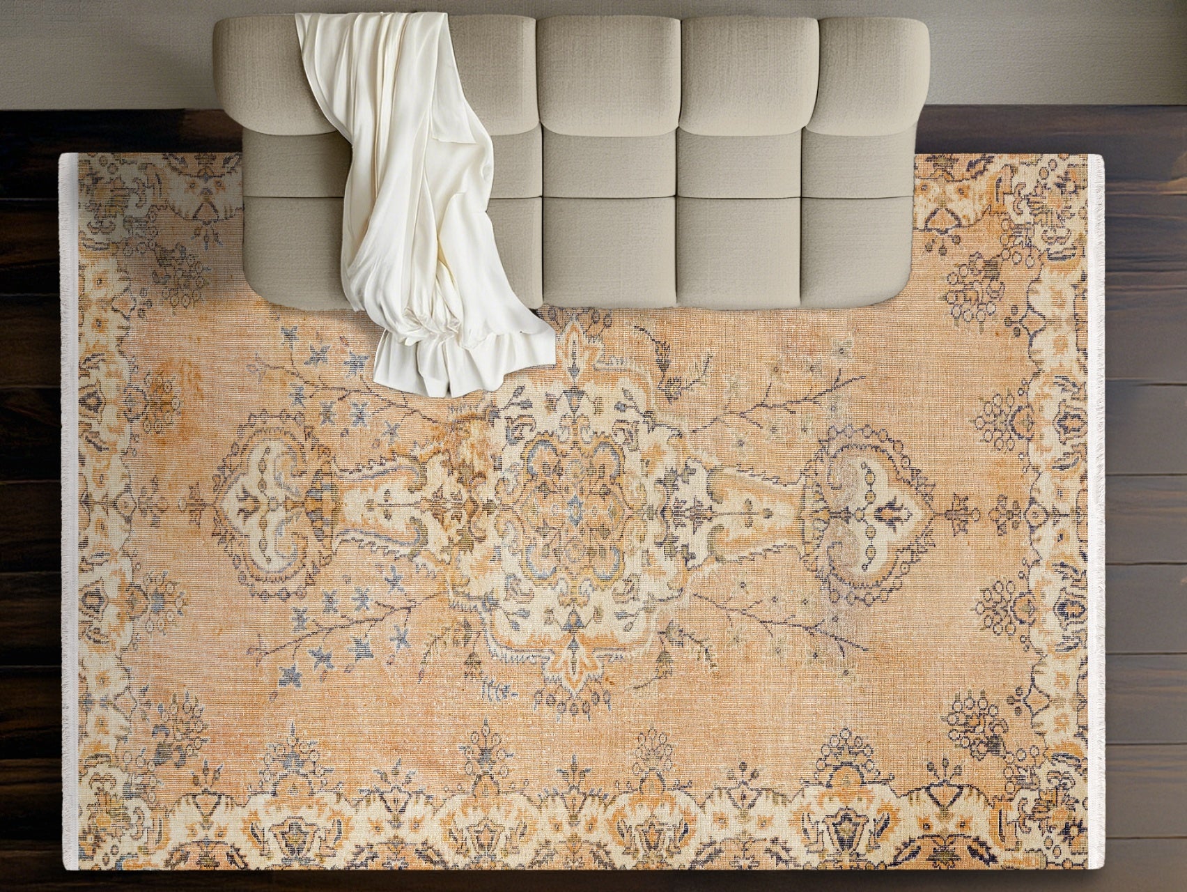 Vintage Bej Göbekli Yün ve Pamuk El Dokuma Halı 145x367