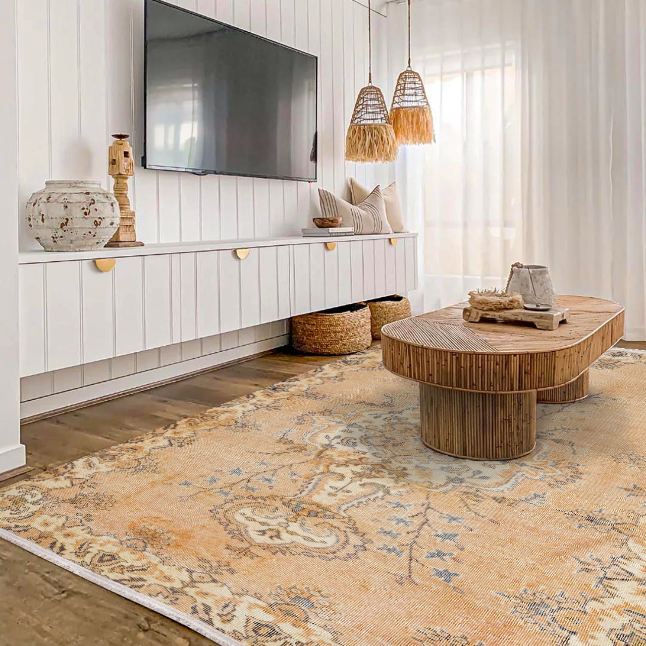 Vintage Bej Göbekli Yün ve Pamuk El Dokuma Halı 145x367