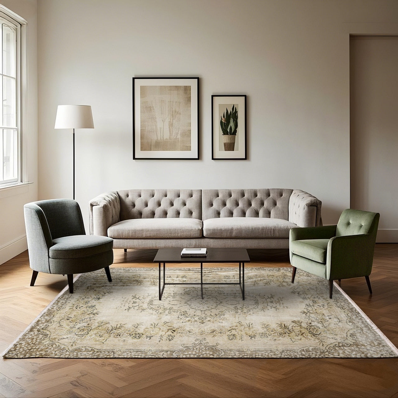 Vintage Bej Göbekli Yün ve Pamuk El Dokuma Halı 180x257