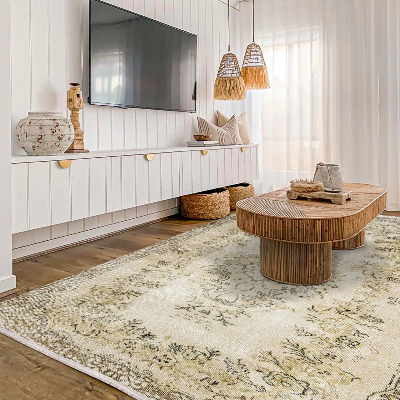 Vintage Bej Göbekli Yün ve Pamuk El Dokuma Halı 180x257