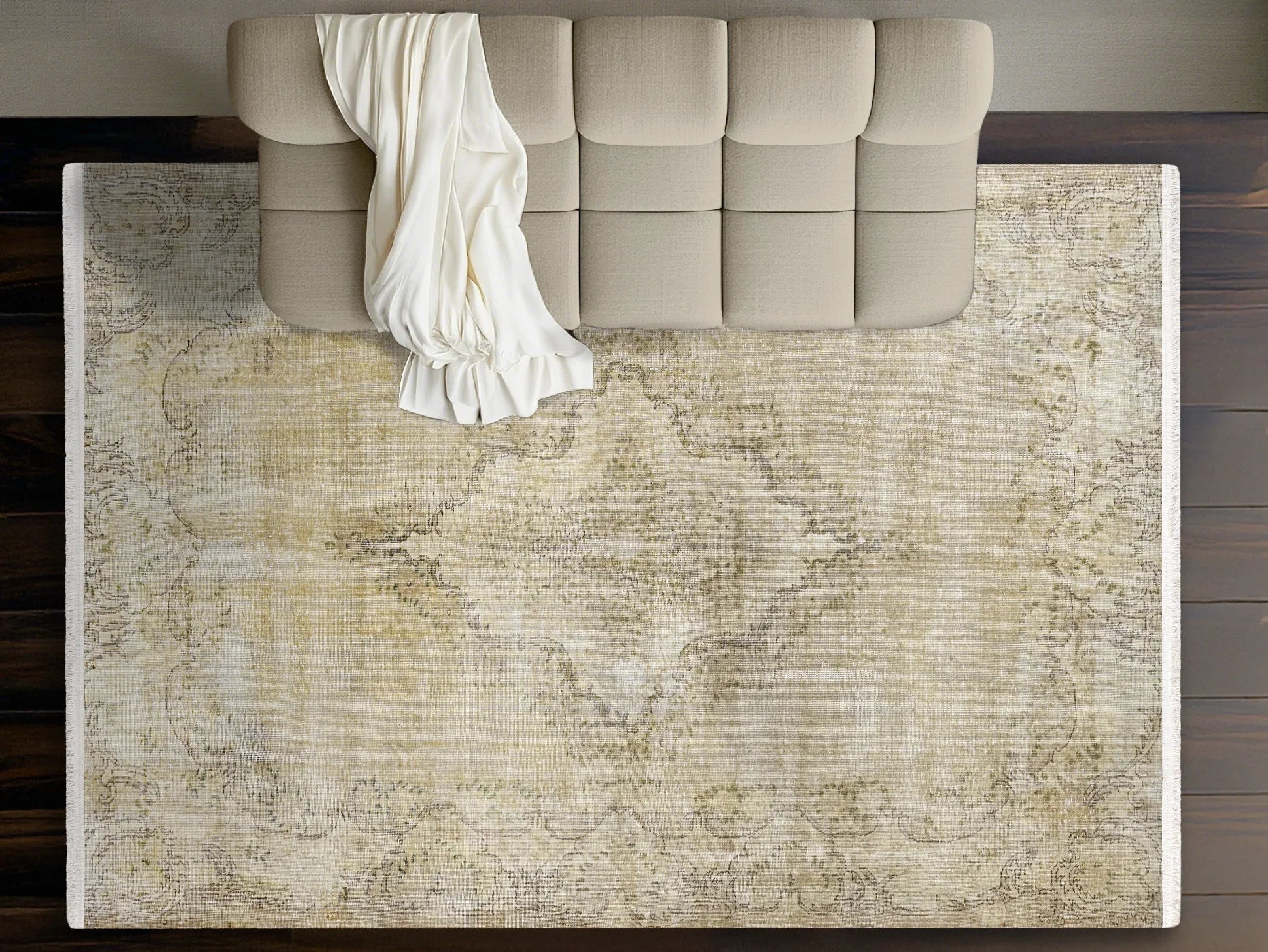 Bej Eskitme Göbekli Halı - Yıkanabilir - Kaymaz Taban - Pati Dostu
