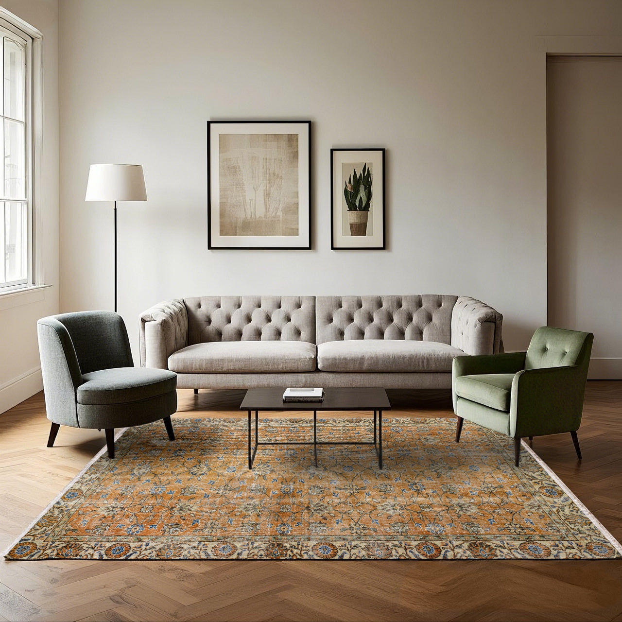 Vintage Turuncu Çerçeveli Yün ve Pamuk El Dokuma Halı 209x322