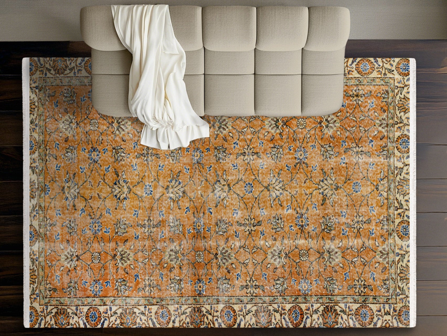 Vintage Turuncu Çerçeveli Yün ve Pamuk El Dokuma Halı 209x322