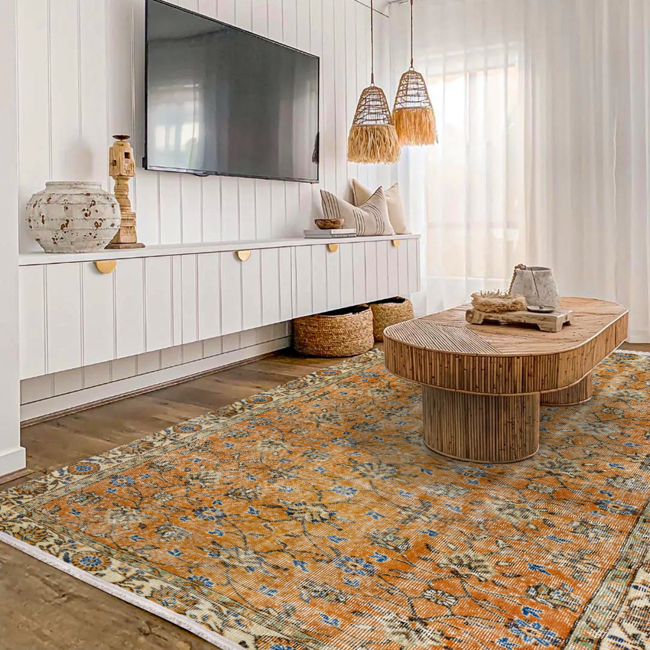 Vintage Turuncu Çerçeveli Yün ve Pamuk El Dokuma Halı 209x322