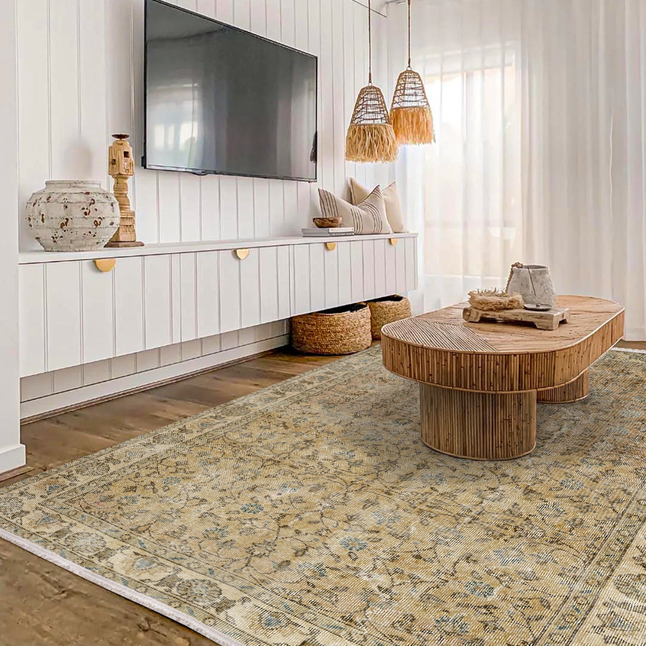 Vintage Kahverengi Çerçeveli Yün ve Pamuk El Dokuma Halı 209x313