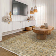 Vintage Kahverengi Çerçeveli Yün ve Pamuk El Dokuma Halı 209x313