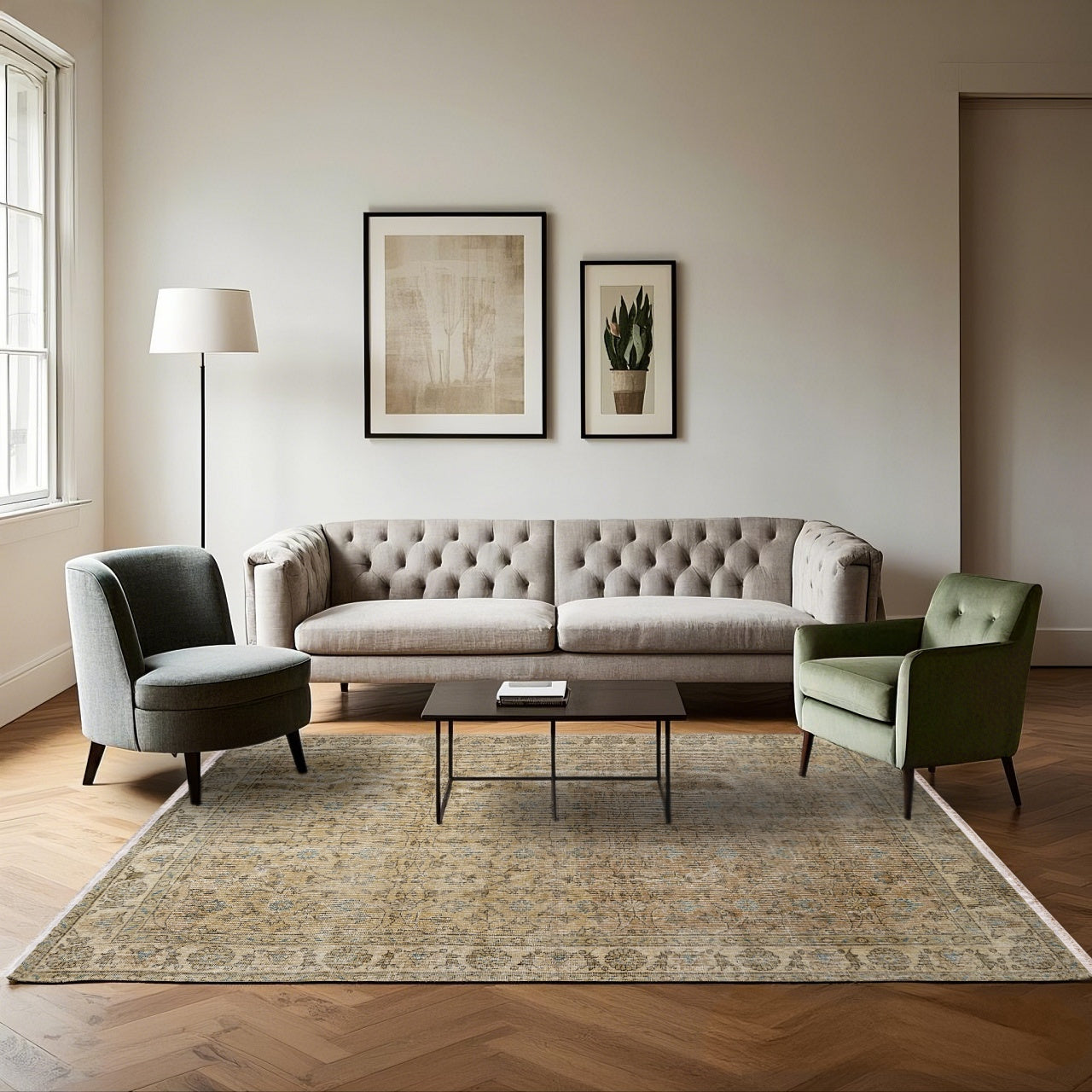 Vintage Kahverengi Çerçeveli Yün ve Pamuk El Dokuma Halı 209x313