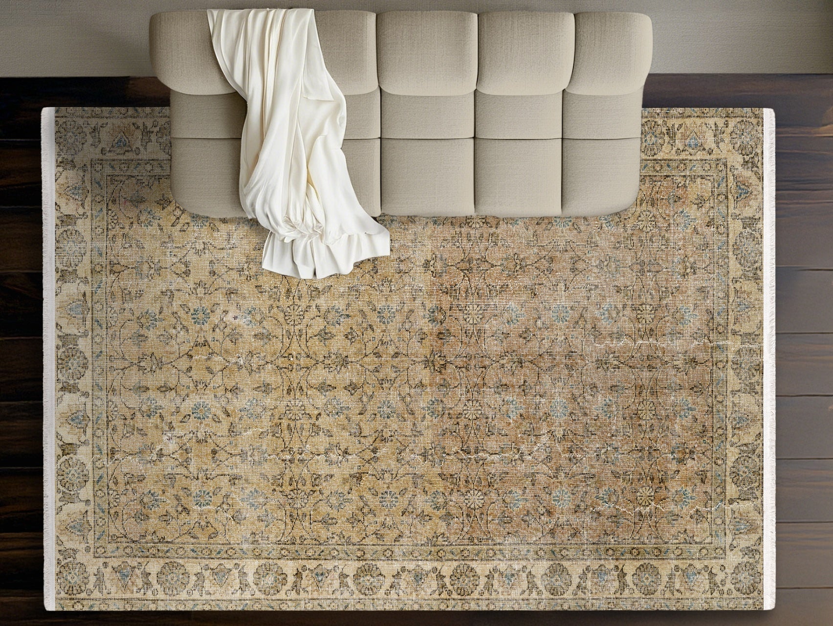 Vintage Kahverengi Çerçeveli Yün ve Pamuk El Dokuma Halı 209x313