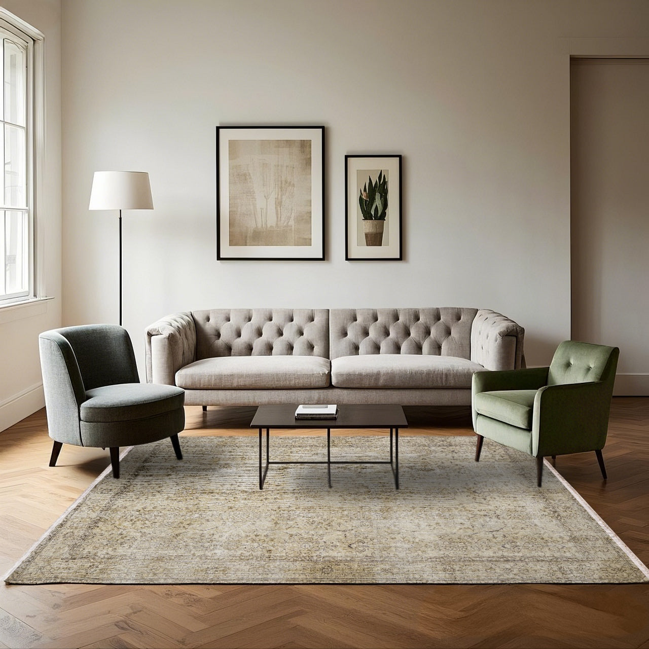 Vintage Bej Çerçeveli Yün ve Pamuk El Dokuma Halı 170x270