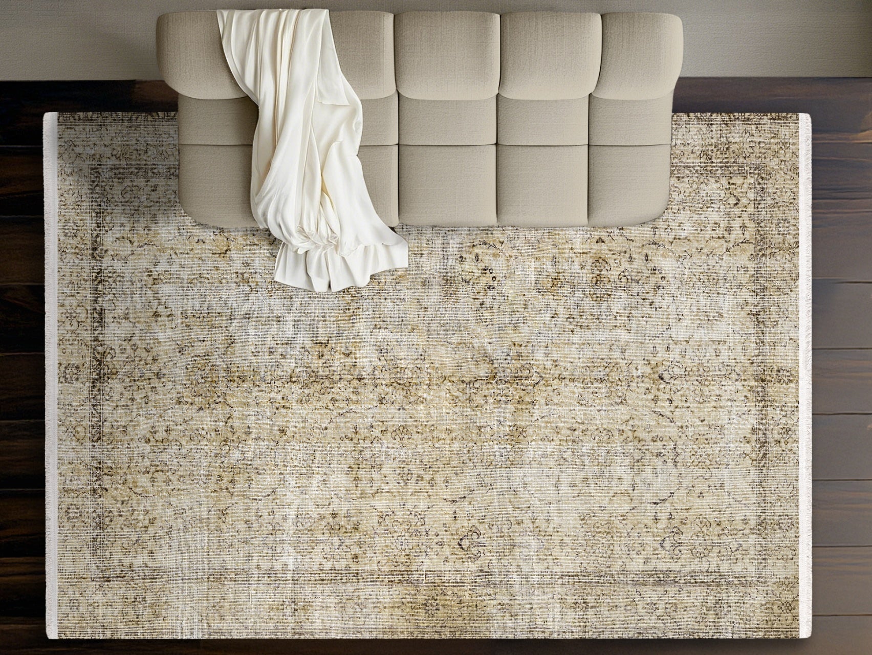 Vintage Bej Çerçeveli Yün ve Pamuk El Dokuma Halı 170x270