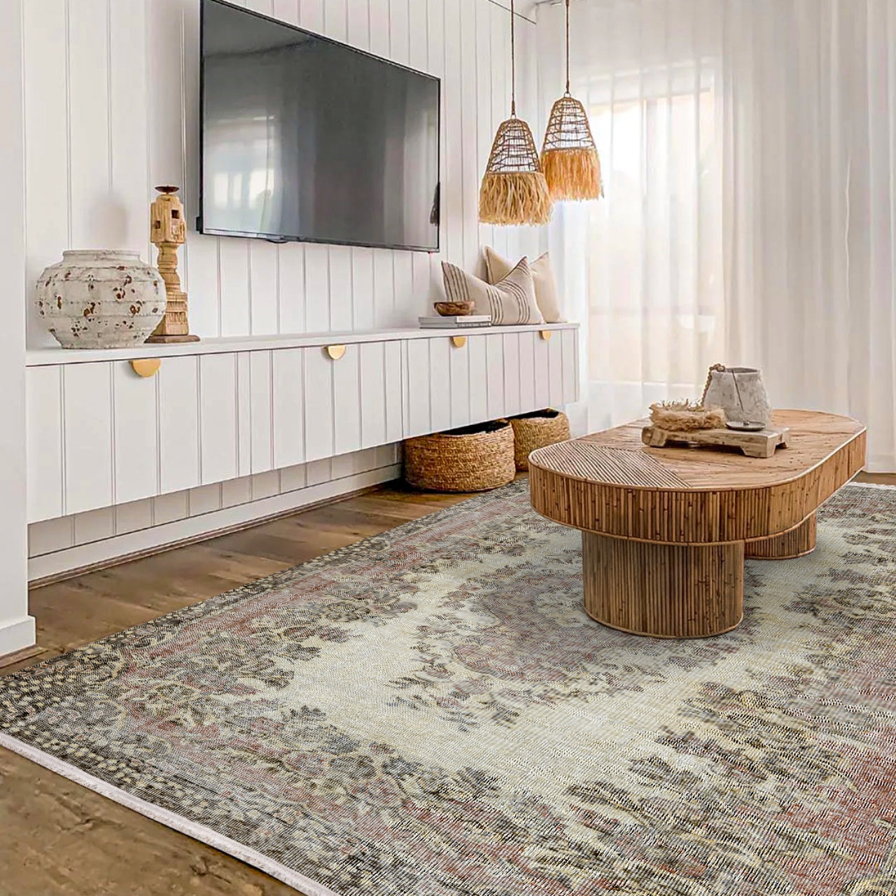 Vintage Kahverengi Göbekli Yün ve Pamuk El Dokuma Halı 220x308