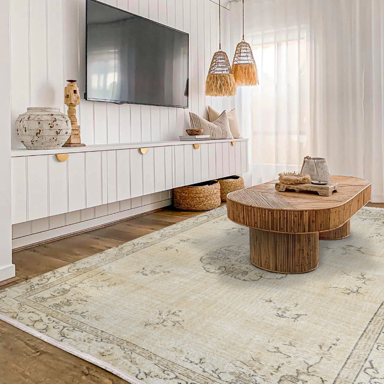 Vintage Bej Göbekli Yün ve Pamuk El Dokuma Halı 206x298