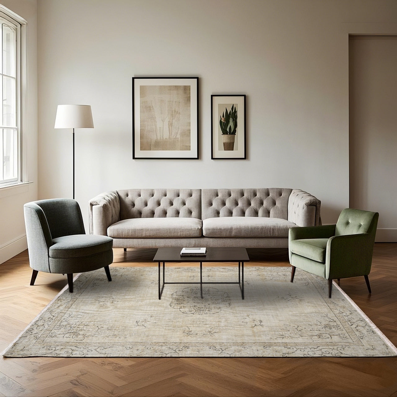 Vintage Bej Göbekli Yün ve Pamuk El Dokuma Halı 206x298