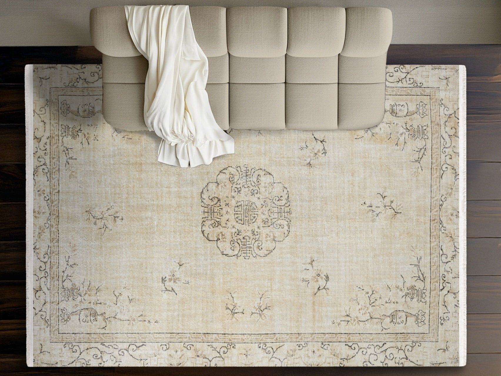 Vintage Bej Göbekli Yün ve Pamuk El Dokuma Halı 206x298