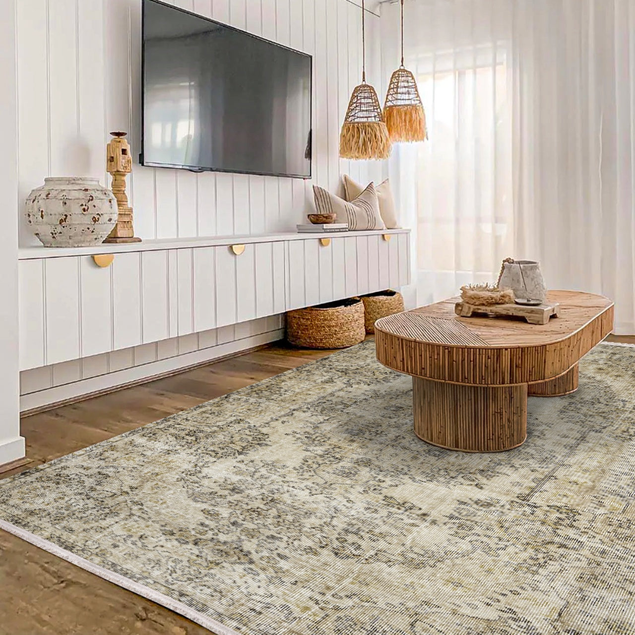 Vintage Kahverengi Göbekli Yün ve Pamuk El Dokuma Halı 214x297