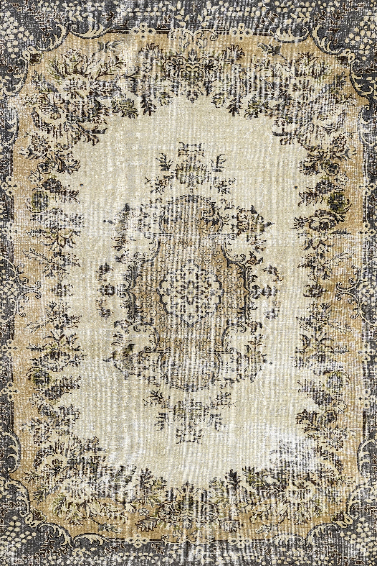 Bej Krem Desenli Eskitme Halı - Yıkanabilir - Kaymaz Taban - Pati Dostu