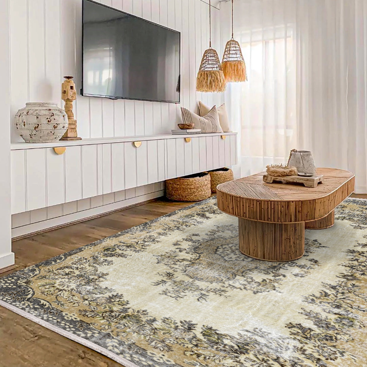 Vintage Kahverengi Göbekli Yün ve Pamuk El Dokuma Halı 215x315