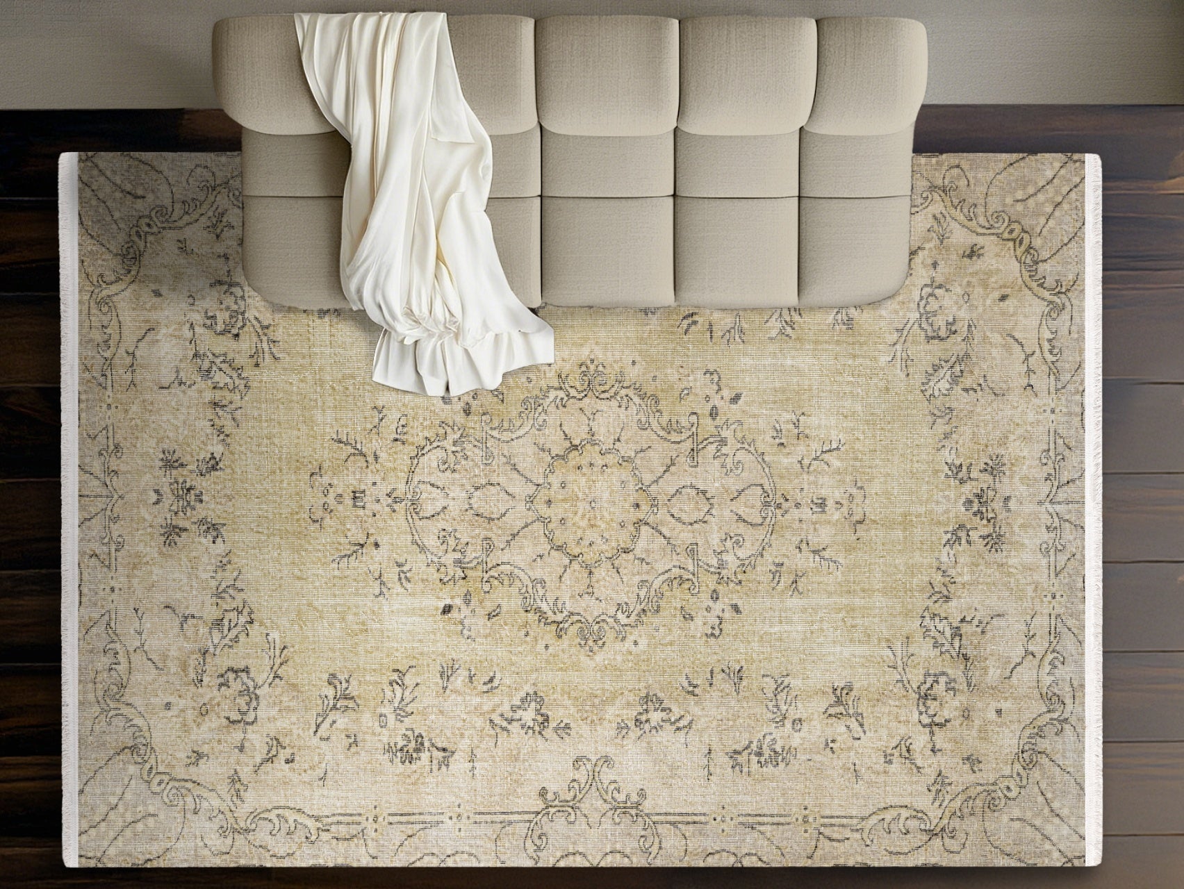 Vintage Bej Göbekli Yün ve Pamuk El Dokuma Halı 177x301