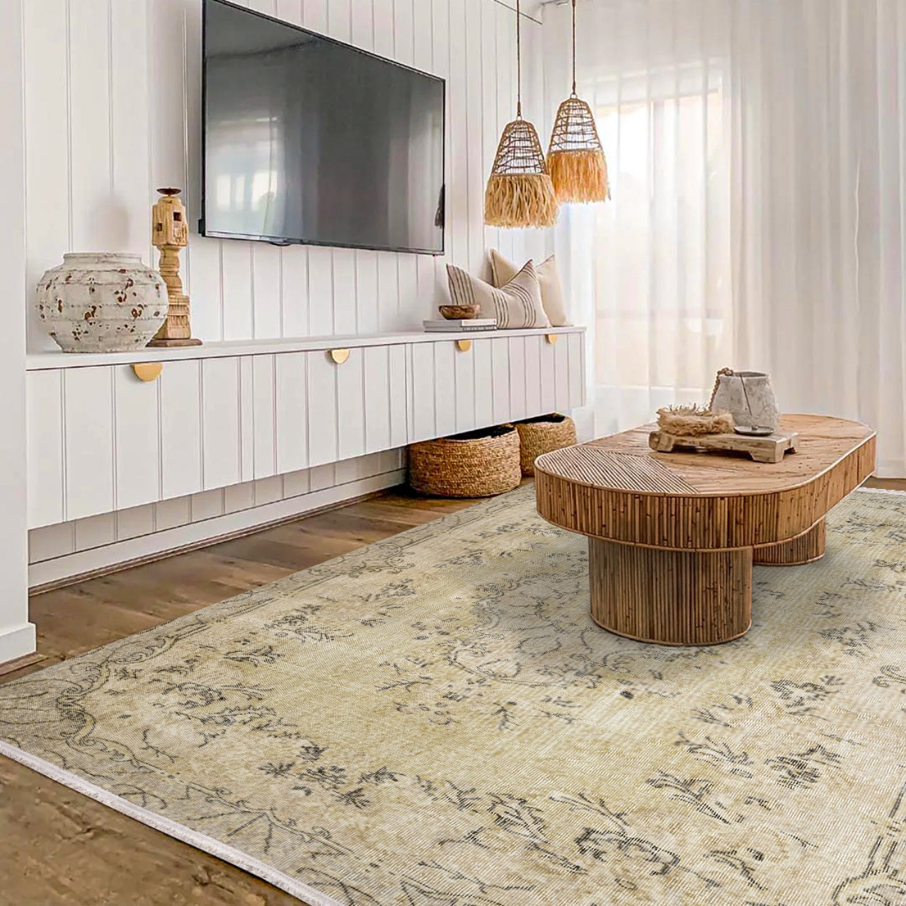 Vintage Bej Göbekli Yün ve Pamuk El Dokuma Halı 177x301