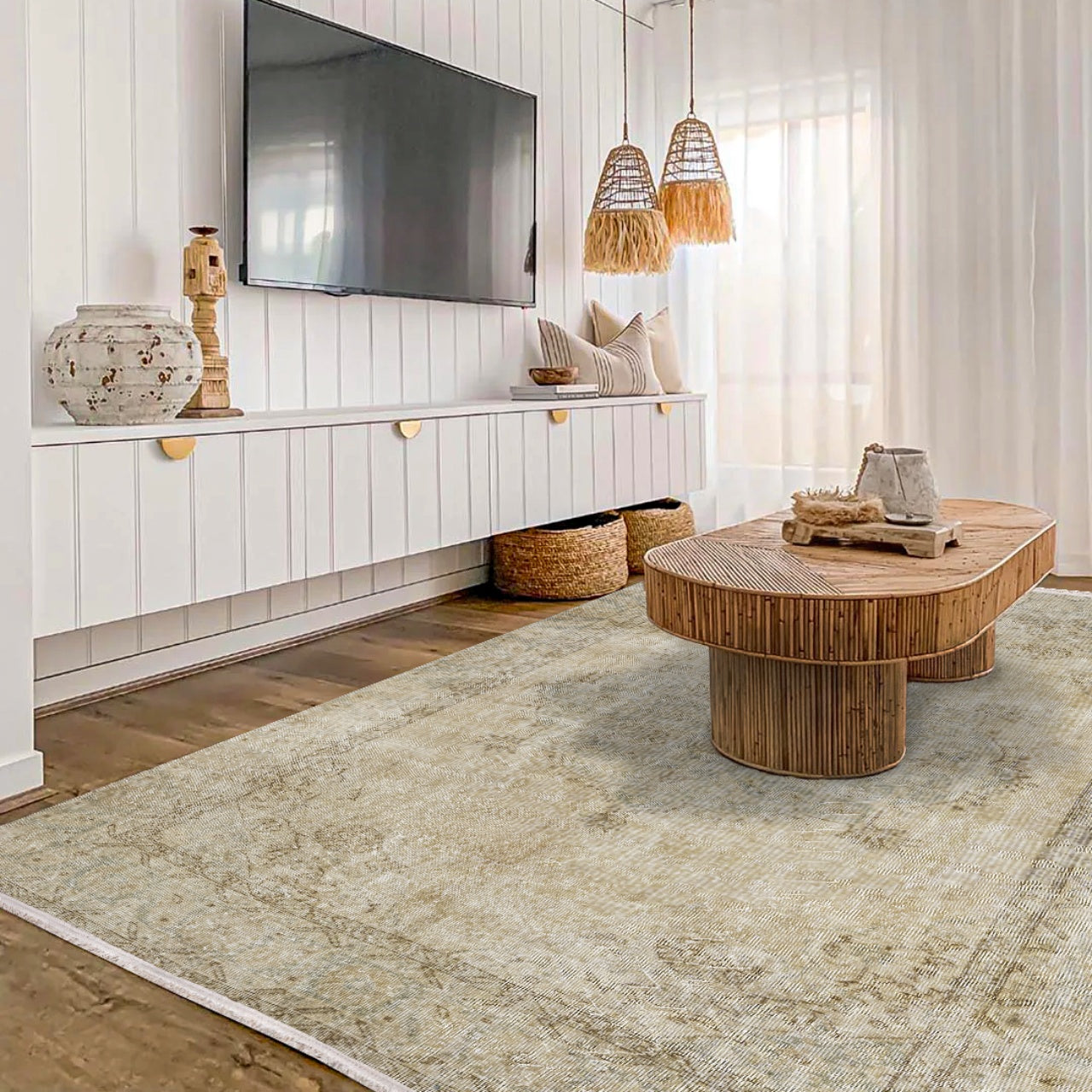 Vintage Kahverengi Göbekli Yün ve Pamuk El Dokuma Halı 203x310