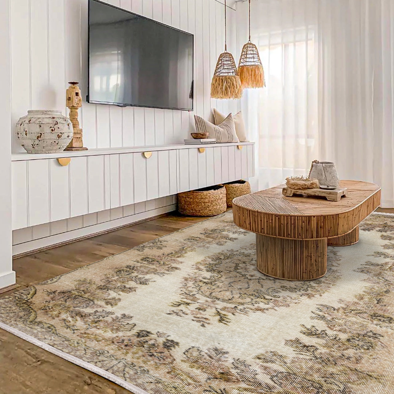 Vintage Kahverengi Göbekli Yün ve Pamuk El Dokuma Halı 184x288