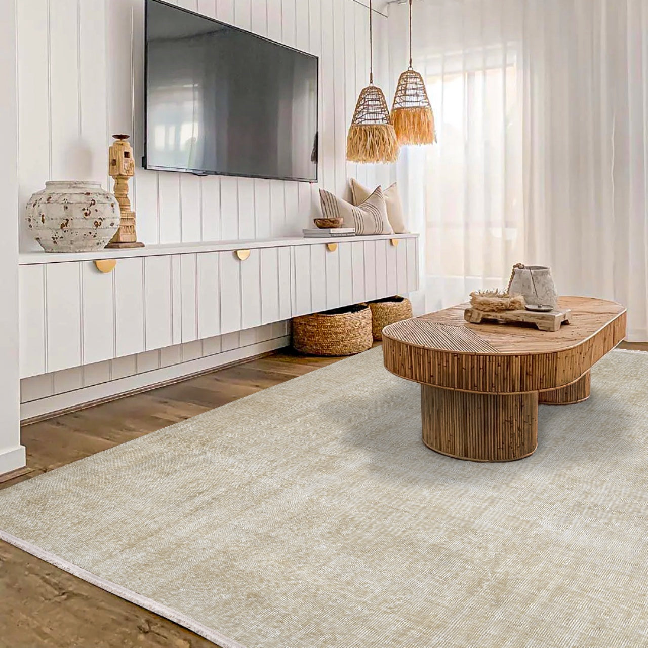 Vintage Bej Eskitme Yün ve Pamuk El Dokuma Halı 198x290