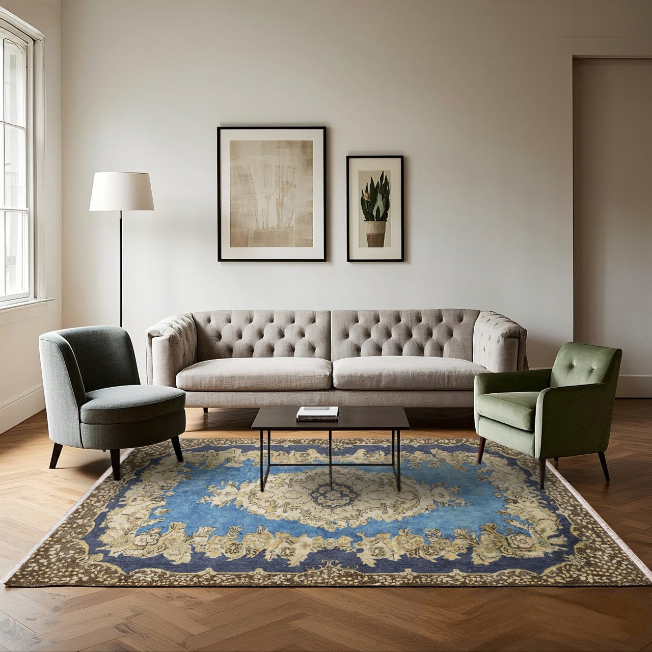 Vintage Lacivert Göbekli Yün ve Pamuk El Dokuma Halı 169x280