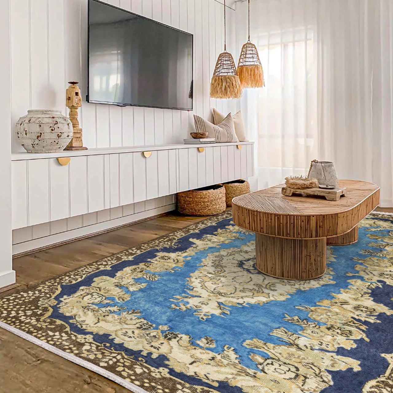 Vintage Lacivert Göbekli Yün ve Pamuk El Dokuma Halı 169x280