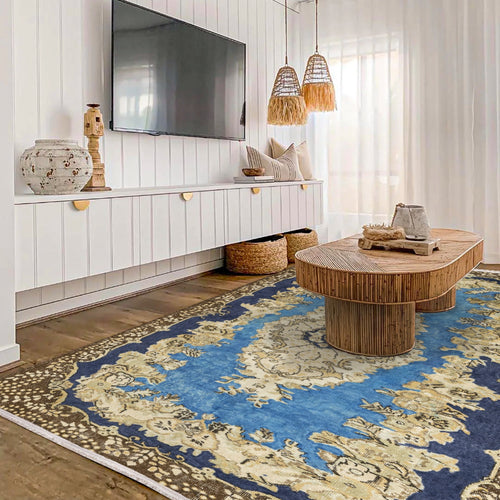 Vintage Lacivert Göbekli Yün ve Pamuk El Dokuma Halı 169x280