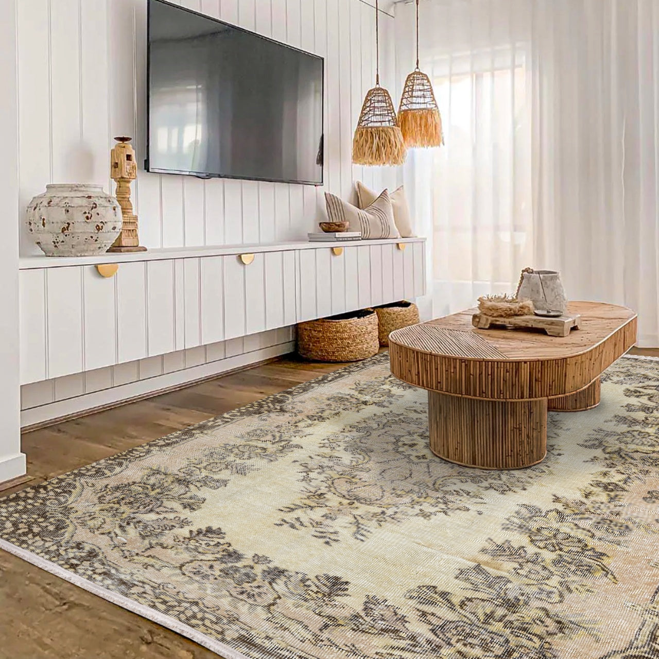 Vintage Kahverengi Göbekli Yün ve Pamuk El Dokuma Halı 183x302