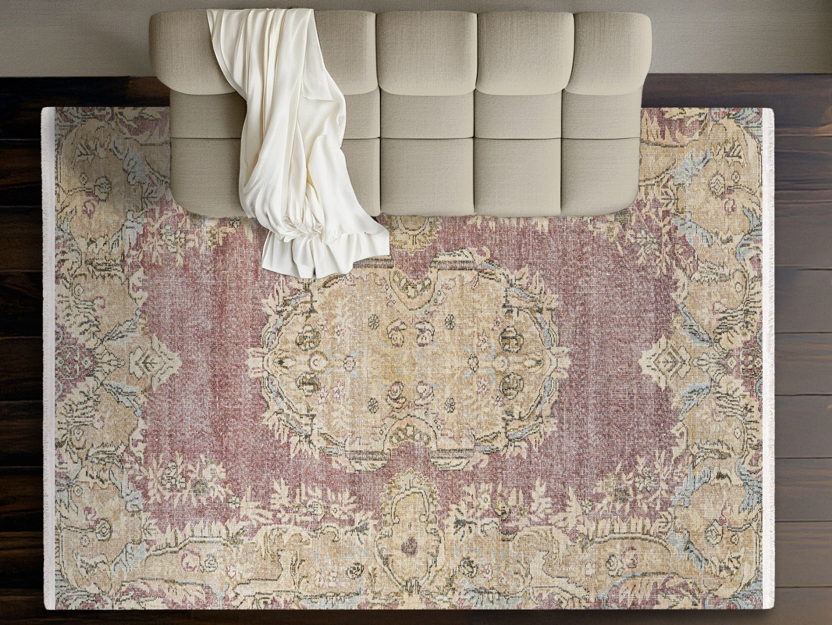 Vintage Pembe Göbekli Yün ve Pamuk El Dokuma Halı 204x305