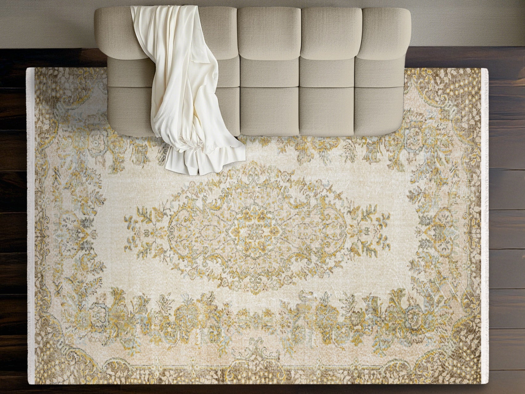 Bej Eskitme Göbekli Halı - Yıkanabilir - Kaymaz Taban - Pati Dostu