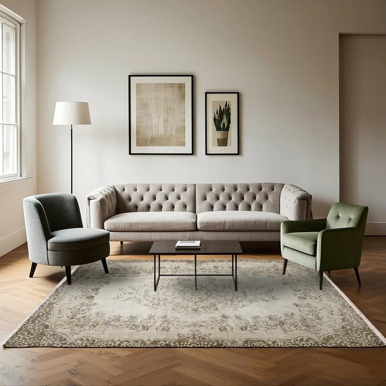 Krem Göbekli Klasik Halı - Yıkanabilir - Kaymaz Taban - Pati Dostu