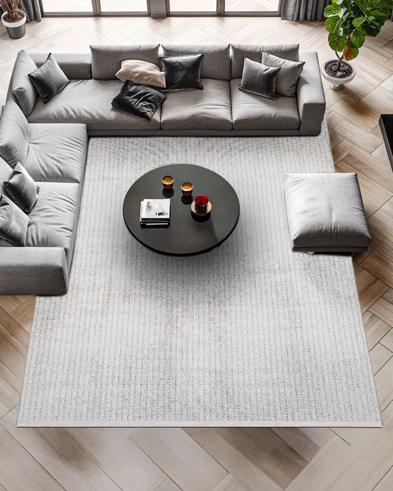 Beyaz Gri Dokulu Düz Halı - Yıkanabilir - Kaymaz Taban - Pati Dostu