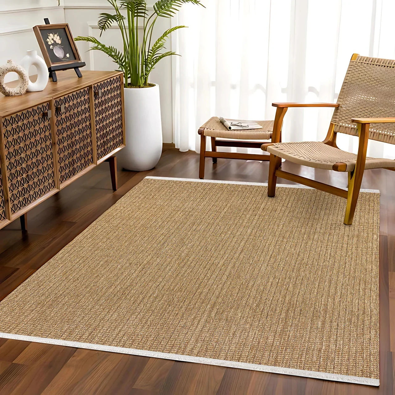 Bej Dokulu Minimalist Halı - Yıkanabilir - Kaymaz Taban - Pati Dostu