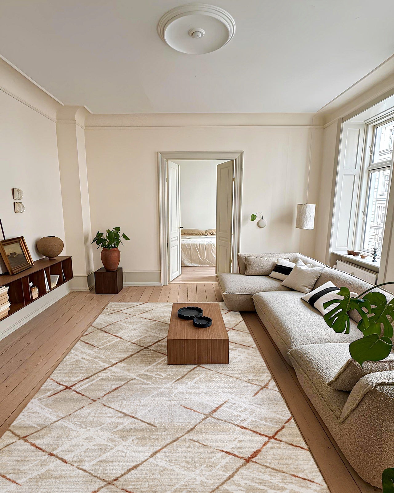 Bej Krem Bohem Geometrik Halı - Yıkanabilir - Kaymaz Taban - Pati Dostu