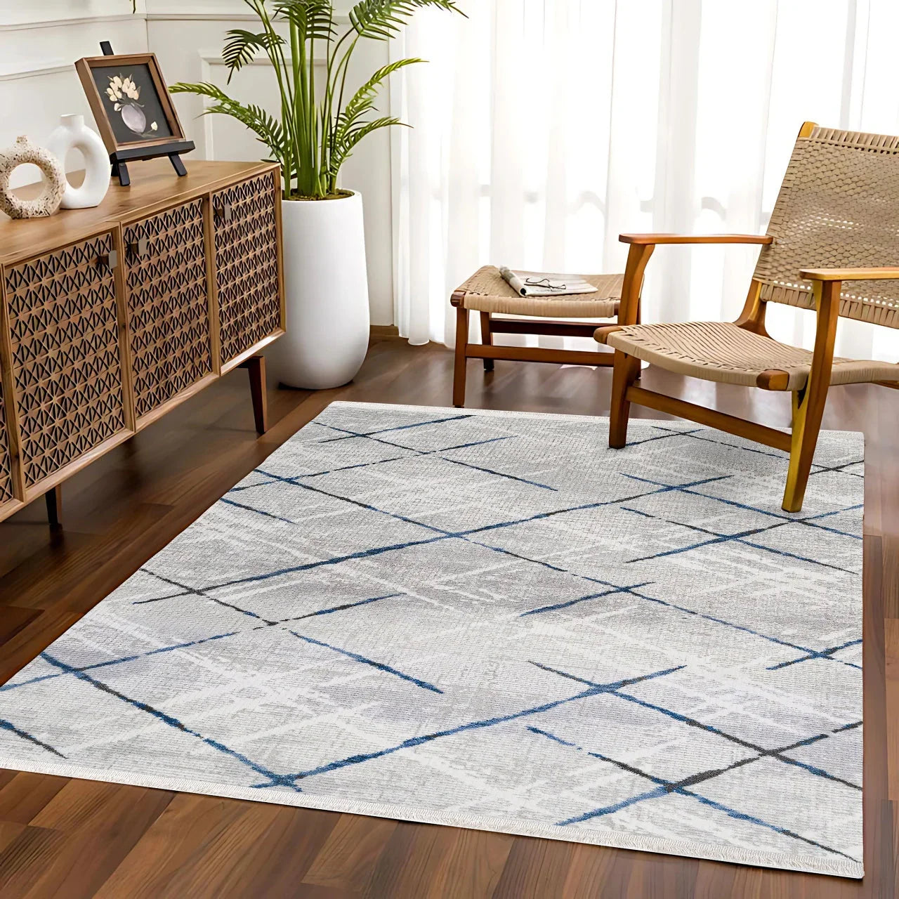 Gri Geometrik Minimalist Halı - Yıkanabilir - Kaymaz Taban - Pati Dostu