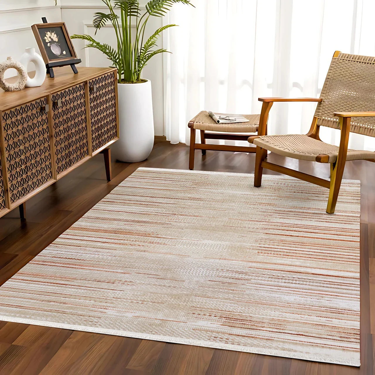 Bej Krem Minimalist Modern Halı - Yıkanabilir - Kaymaz Taban - Pati Dostu