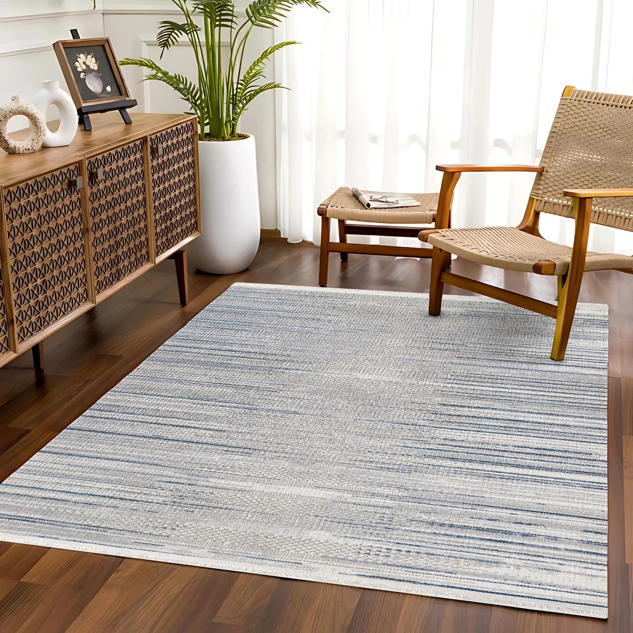 Gri Mavi Minimalist Modern Halı - Yıkanabilir - Kaymaz Taban - Pati Dostu