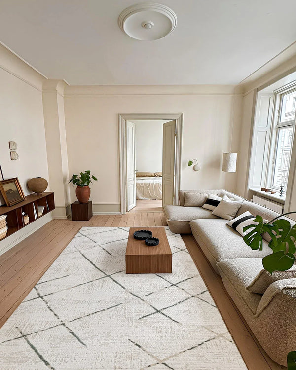 Beyaz Gri Geometrik Minimalist Halı - Yıkanabilir - Kaymaz Taban - Pati Dostu