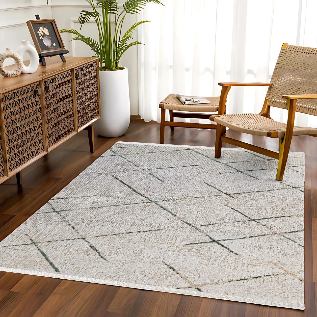 Beyaz Gri Geometrik Minimalist Halı - Yıkanabilir - Kaymaz Taban - Pati Dostu