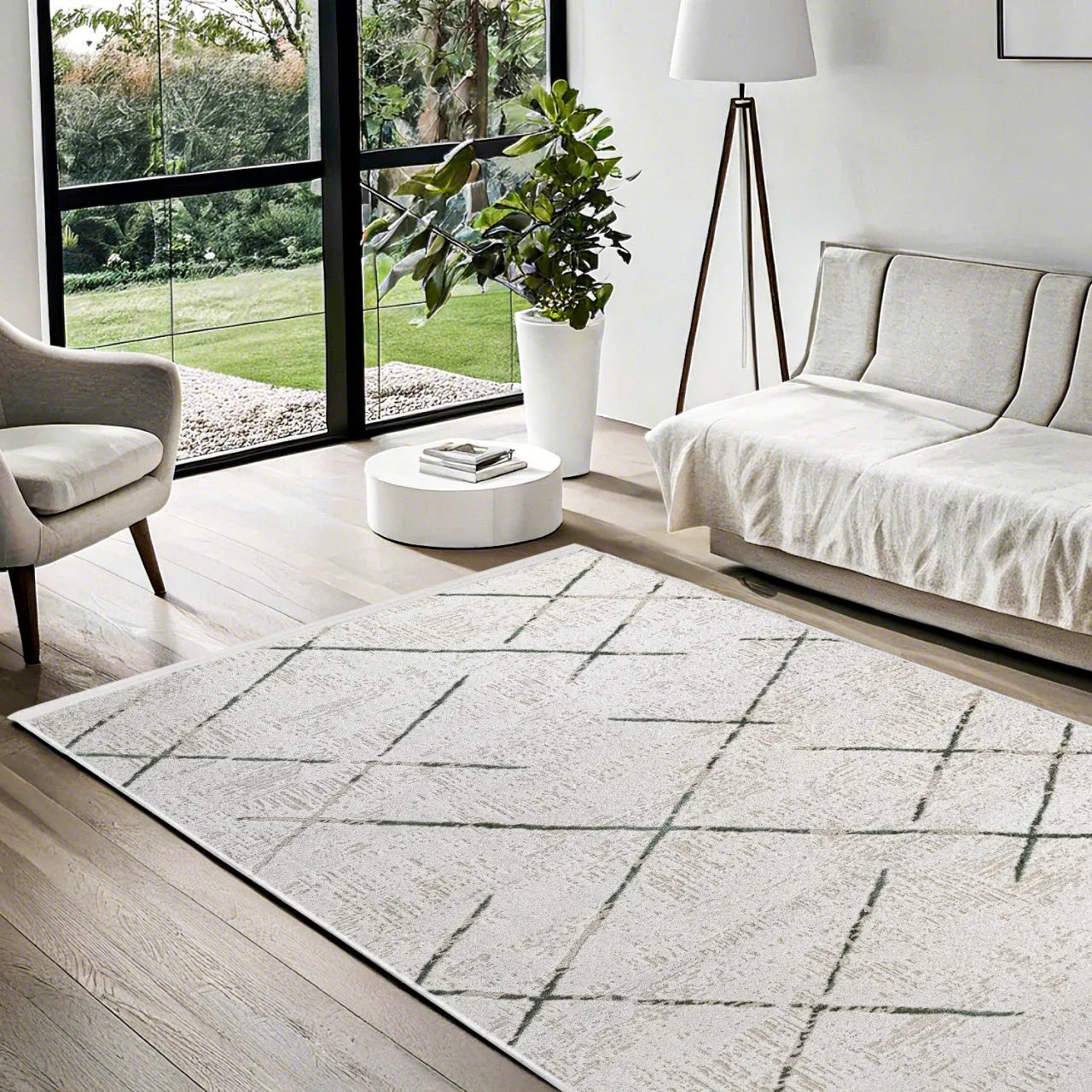 Beyaz Gri Geometrik Minimalist Halı - Yıkanabilir - Kaymaz Taban - Pati Dostu