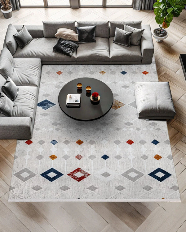 Beyaz Gri Geometrik Minimalist Halı - Yıkanabilir - Kaymaz Taban - Pati Dostu