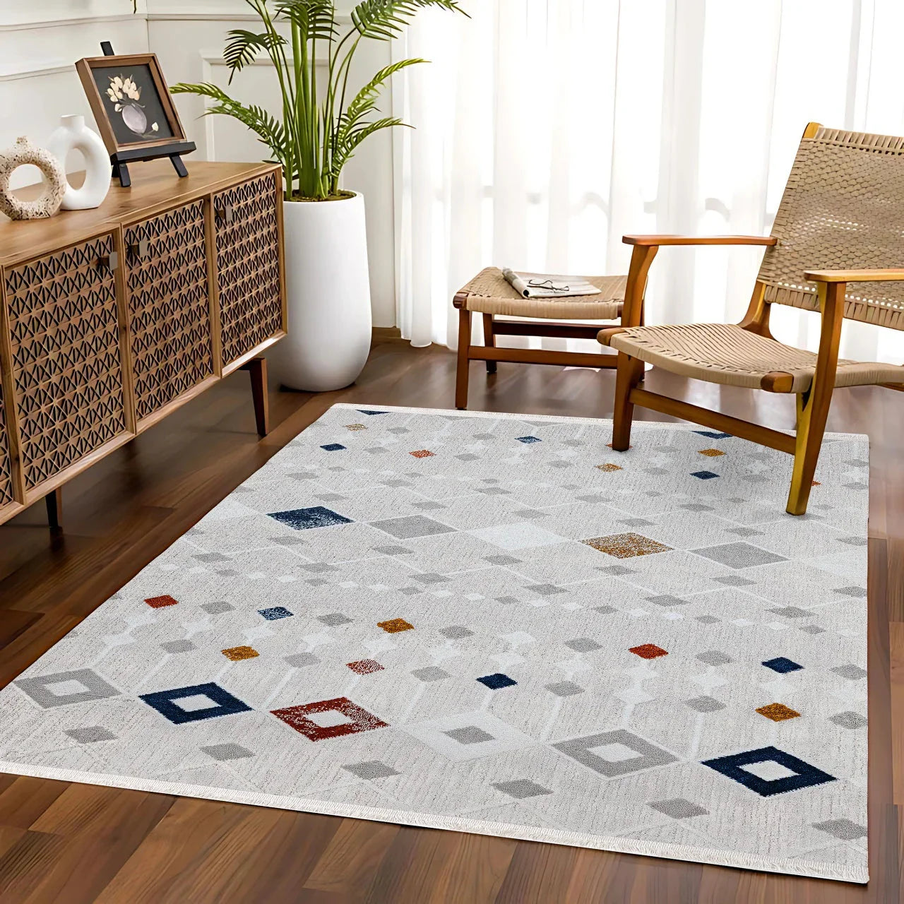 Beyaz Gri Geometrik Minimalist Halı - Yıkanabilir - Kaymaz Taban - Pati Dostu