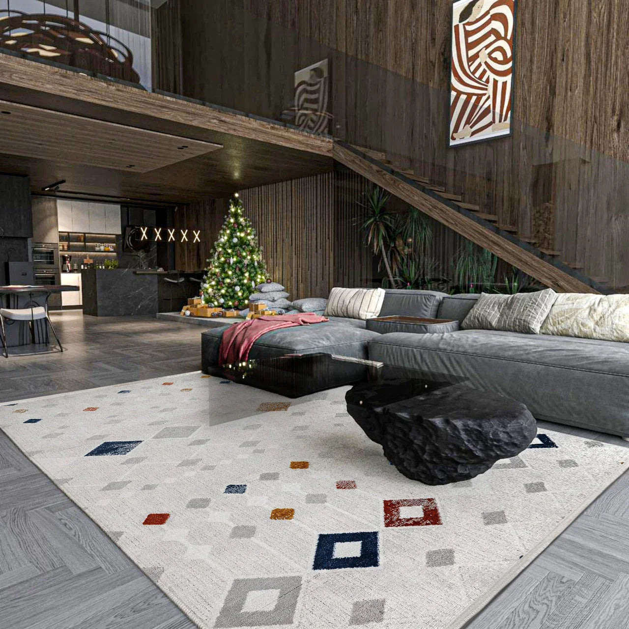 Beyaz Gri Geometrik Minimalist Halı - Yıkanabilir - Kaymaz Taban - Pati Dostu