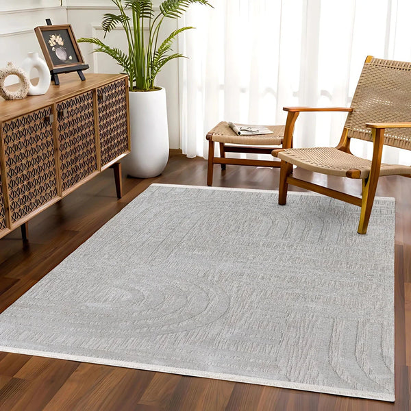 Beyaz Gri Dokulu Geometrik Halı - Yıkanabilir - Kaymaz Taban - Pati Dostu